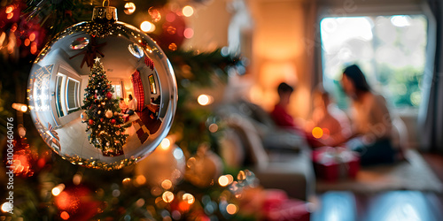 Imagen horizontal de una esfera navideña en un arbol de navidad en una sala de una casa