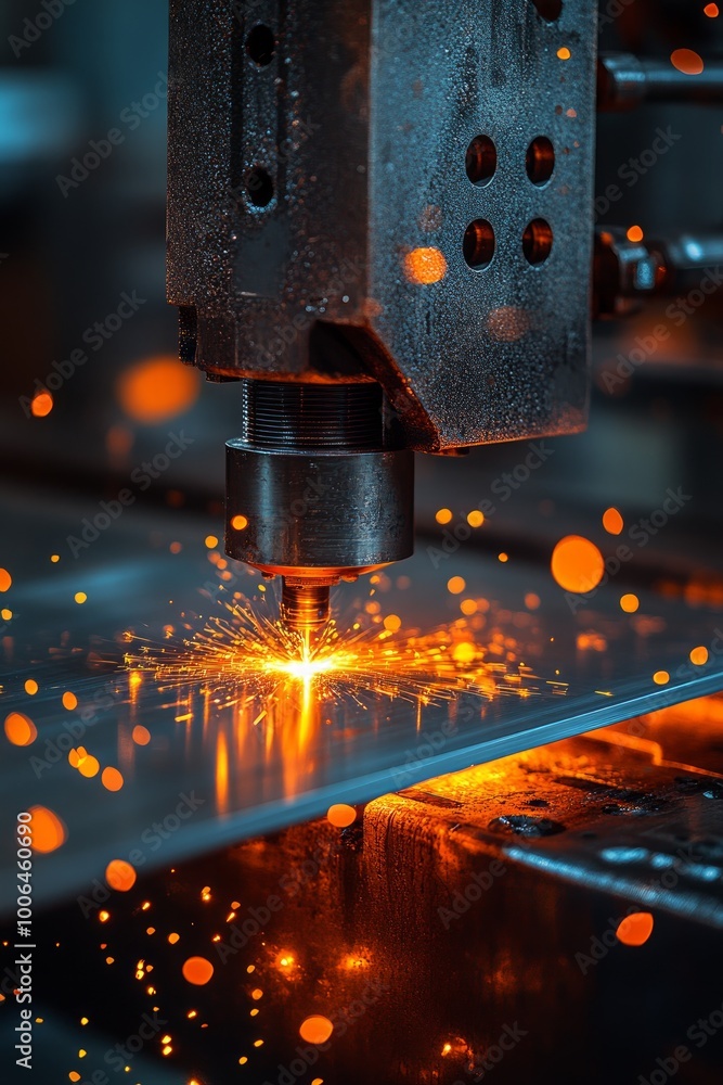 Metal cutting process with sparks in an industrial setting. Metal cutting process with sparks in an industrial setting.