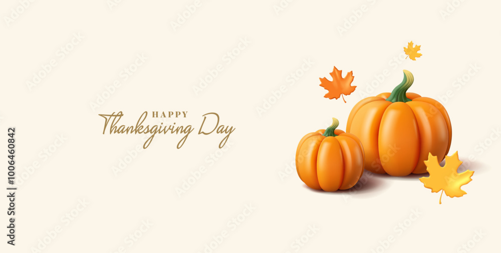 Happy Thanksgiving Day. 3D Realistic pumpkin, leaves, autumn. Banner for advertising and celebrating a family holiday, web design, and advertising materials. Vector illustration. Happy Thanksgiving Day. 3D Realistic pumpkin, leaves, autumn. Banner for advertising and celebrating a family holiday, web design, and advertising materials. Vector illustration.