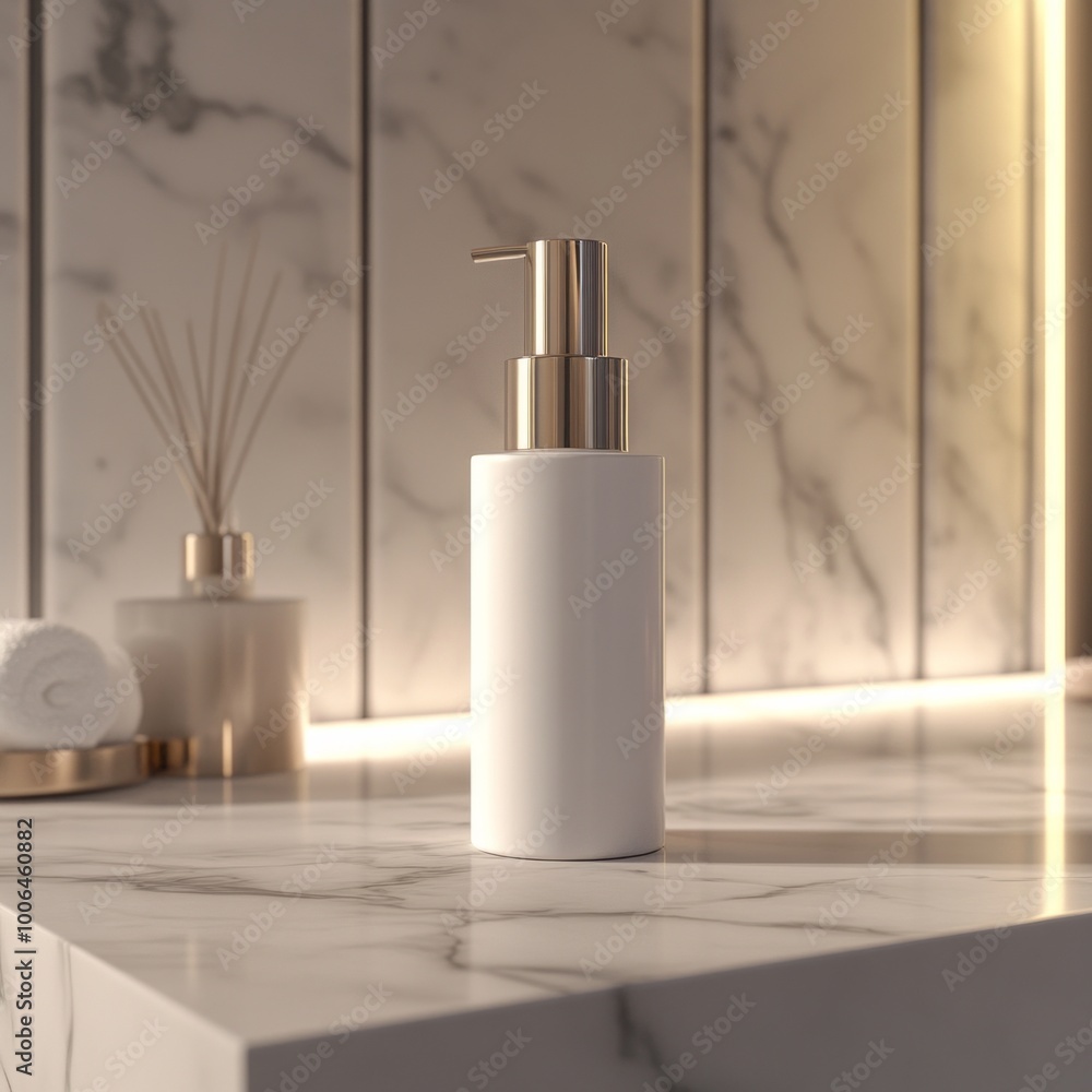 Luxury Cosmetic Bottle Mockup: Minimalist Bathroom Setting - 32K Ultra HD Luxury Cosmetic Bottle Mockup: Minimalist Bathroom Setting - 32K Ultra HD