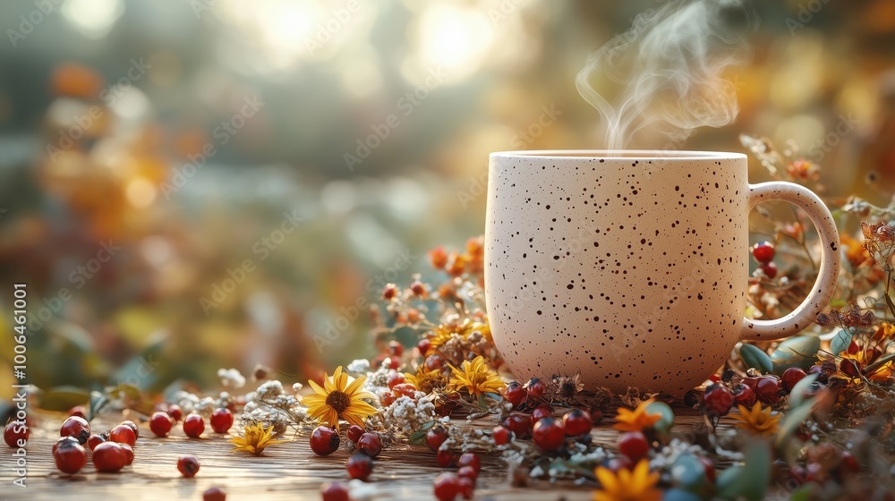 Steaming hot beverage in a speckled mug surrounded by berries and wildflowers in an autumn setting. Steaming hot beverage in a speckled mug surrounded by berries and wildflowers in an autumn setting.
