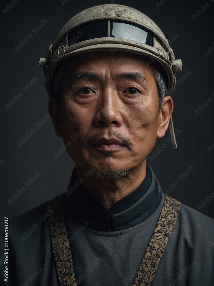 Middle-aged Asian man with serious expression, wearing hard hat and dark clothing Middle-aged Asian man with serious expression, wearing hard hat and dark clothing