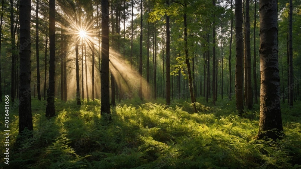 Fototapeta premium Dense forest with tall pine trees, sunlight streaming through branches, creating warm and serene atmosphere. Forest floor covered in lush green ferns and vegetation, giving scene tranquil and natural