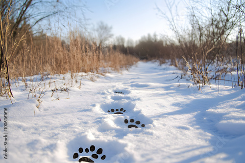 Animal paw prints on snow trail in the winter forest, nature wildlife tracking, peaceful snowy landscape, exploring wilderness in cold season, signs of animals in snowy natural habitat

 photo