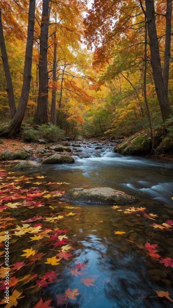 Autumn forest landscape with flowing stream surrounded by vibrant orange, red, and yellow foliage. Stream winds through lush, wooded environment, creating peaceful and tranquil atmosphere Autumn forest landscape with flowing stream surrounded by vibrant orange, red, and yellow foliage. Stream winds through lush, wooded environment, creating peaceful and tranquil atmosphere