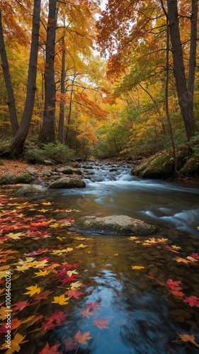 Autumn forest landscape with flowing stream surrounded by vibrant orange, red, and yellow foliage. Stream winds through lush, wooded environment, creating peaceful and tranquil atmosphere