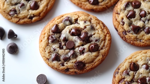 Freshly baked chocolate chip cookies resting on white surface
