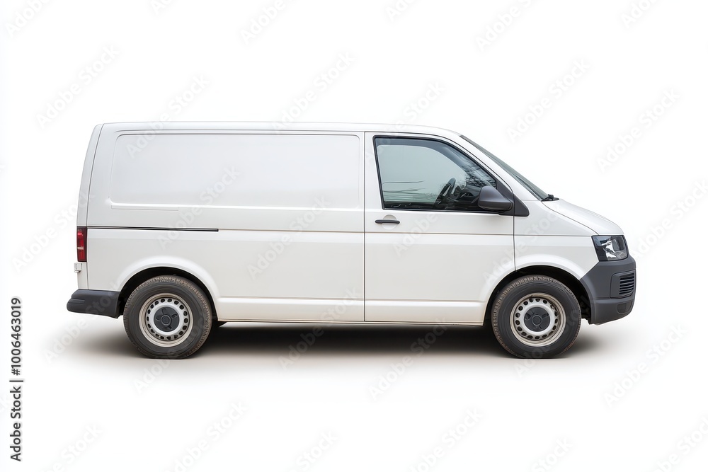 Realistic photograph of a complete white European van in side view, against a solid stark white background, with focused lighting. Realistic photograph of a complete white European van in side view, against a solid stark white background, with focused lighting.