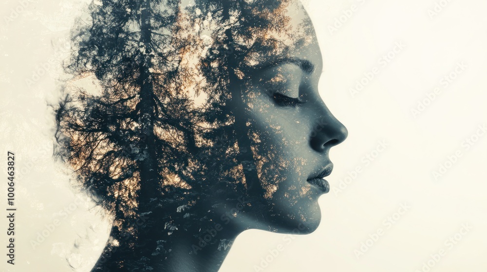 Double exposure combining a woman's profile with a forest scene. The woman's face is partially covered by the silhouettes of the trees. Double exposure combining a woman's profile with a forest scene. The woman's face is partially covered by the silhouettes of the trees.