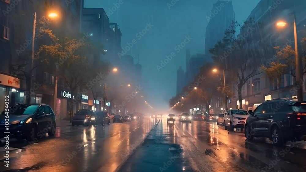 City Street at Night During a Rainy Fog City Street at Night During a Rainy Fog