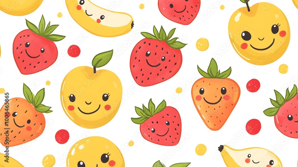 Fototapeta premium Vibrant Repeating Pattern of Smiling Fruit Characters with Bright Happy Faces
