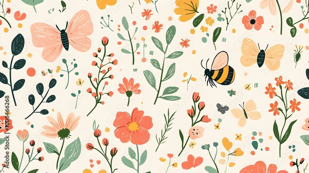 Whimsical Floral Pattern with Bees and Butterflies in Soft Pastel Tones Whimsical Floral Pattern with Bees and Butterflies in Soft Pastel Tones