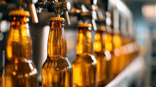 Row of amber beer bottles on a production line in a brewery.