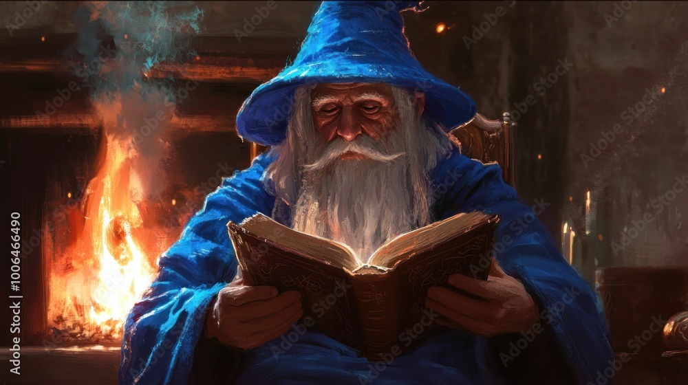Fototapeta premium The Old Wizard Reading by the Fire