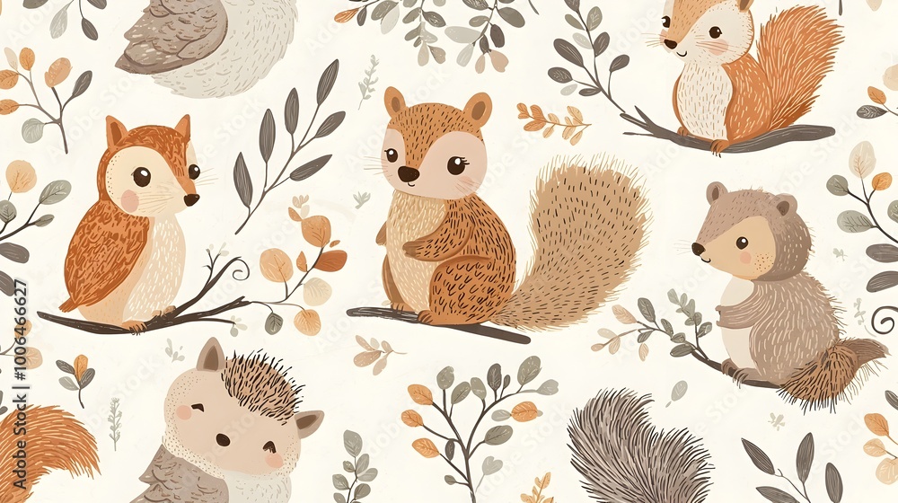 Obraz premium Adorable Woodland Creatures in a Soft,Earthy Repeating Pattern