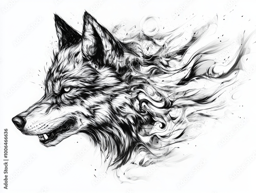Fototapeta A striking illustration of wolfs head, featuring intricate tribal flames and sharp features, capturing sense of wildness and power. dynamic lines evoke movement and energy