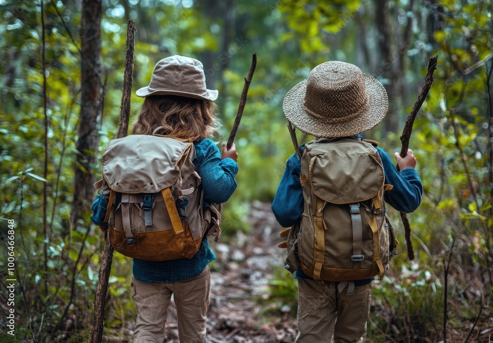 Fototapeta premium Kids Hiking in Forest.