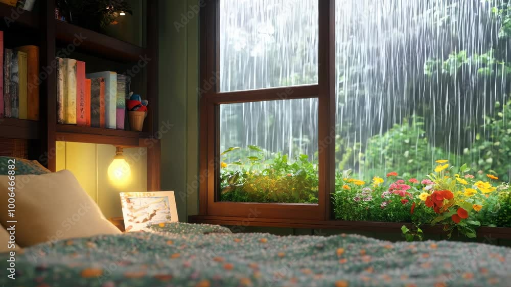 Bedroom with floral bedspread, vase on windowsill, rain outside Bedroom with floral bedspread, vase on windowsill, rain outside