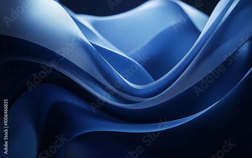 Abstract Blue Shape with Fluid Curves and Volumetric Lighting on Dark Background in Monochromatic Green Palette. High-Resolution, Sharp Focus Studio Design.