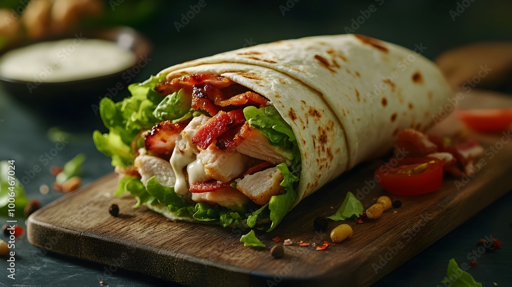 chicken wrap with romaine lettuce, sliced tomato, crispy bacon, a lot of white sauce chicken wrap with romaine lettuce, sliced tomato, crispy bacon, a lot of white sauce
