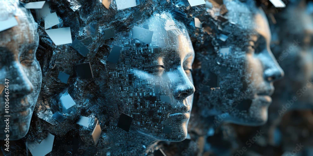 Modern Digital Abstract 3D Background with Abstract Faces and Identity Chips Representing Biometric Security and Personal Data Encryption Modern Digital Abstract 3D Background with Abstract Faces and Identity Chips Representing Biometric Security and Personal Data Encryption