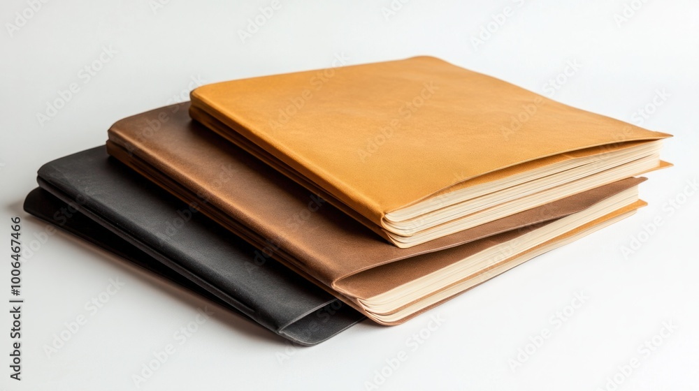 Three folders in earthy tones, neatly stacked on a white background, conveying a sense of calm and organization Three folders in earthy tones, neatly stacked on a white background, conveying a sense of calm and organization