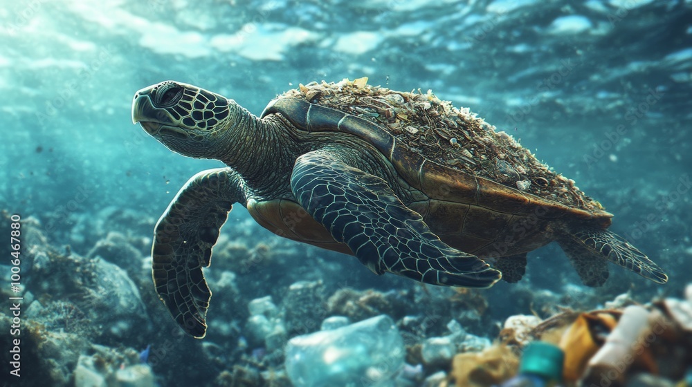 Fototapeta premium Sea Turtle with Plastic Pollution.