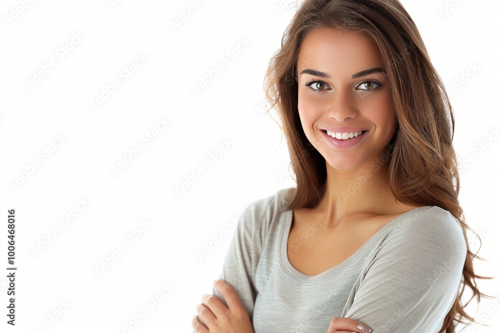 Young woman with arms crossed and a joyful smile, isolated on white , background blur Young woman with arms crossed and a joyful smile, isolated on white , background blur