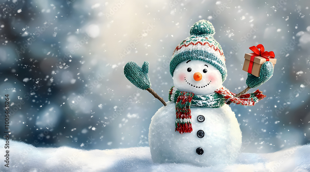 A cute, smiling snowman standing in the middle of white snow, wearing a hat and scarf, with a beautiful winter background of falling snowflakes,with copy space for text. A cute, smiling snowman standing in the middle of white snow, wearing a hat and scarf, with a beautiful winter background of falling snowflakes,with copy space for text.