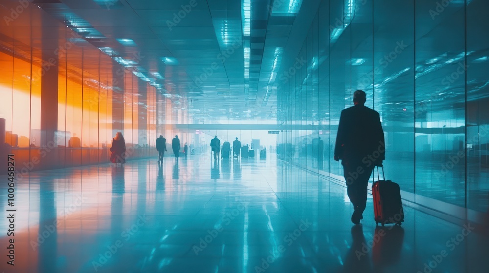 Silhouettes of People Walking Through a Modern Glass Corridor Silhouettes of People Walking Through a Modern Glass Corridor