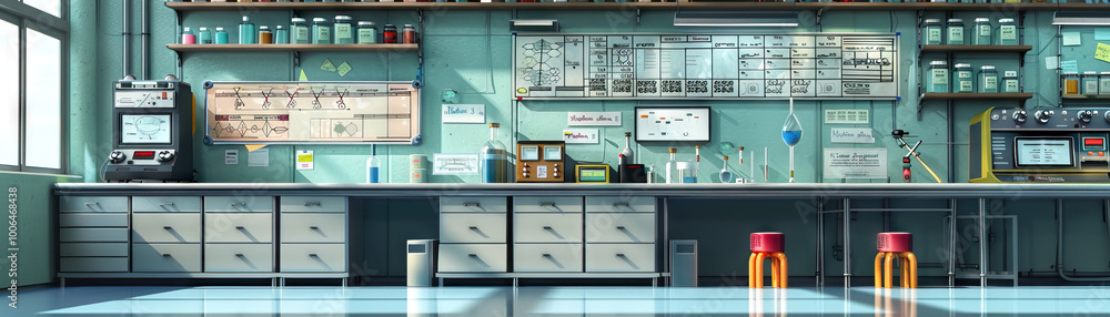 Science Lab Wall: Covered in periodic table charts, science experiment safety rules, and a board with lab experiment schedules Science Lab Wall: Covered in periodic table charts, science experiment safety rules, and a board with lab experiment schedules