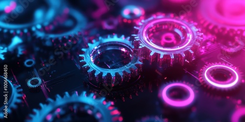 Modern Digital Abstract 3D Background with Floating Gears and Neon Lights Symbolizing Innovation in Robotics and Manufacturing Automation