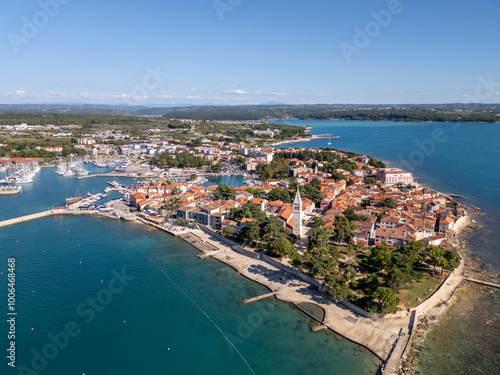 Aerial drone photo of the coastal town of Novigrad in Istria, Croatia.