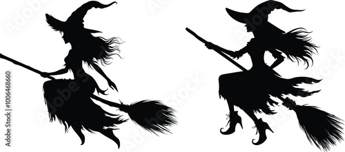 Vector illustrations of Halloween silhouette wicked witch with hat and broomstick, Vector graphics
