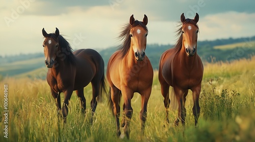 Group of Three Young Horses on the Pasture 8K Realistic