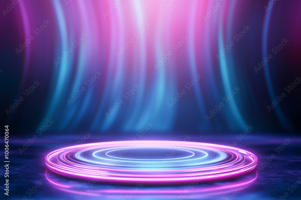 Vibrant neon lights illuminate a circular podium, creating a captivating atmosphere for presentations or performances. Vibrant neon lights illuminate a circular podium, creating a captivating atmosphere for presentations or performances.