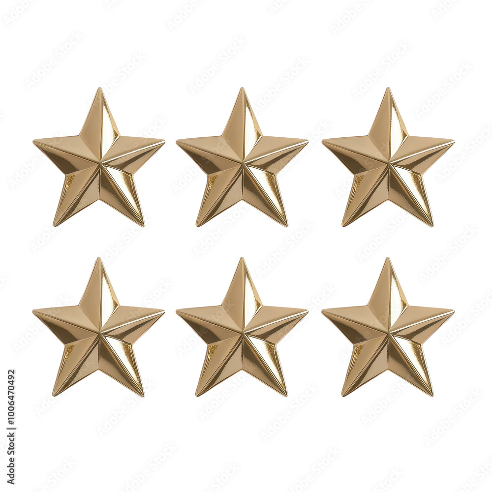 A collection of six shiny golden stars arranged in a visually appealing pattern, perfect for awards or decoration. A collection of six shiny golden stars arranged in a visually appealing pattern, perfect for awards or decoration.