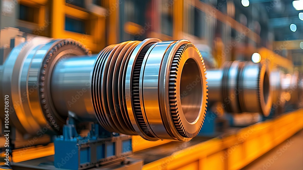 Obraz premium Close-up of massive electricity-generating turbines, sleek metal surfaces, detailed engineering, natural light illuminating the powerful machines