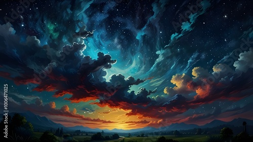 Vibrant Sunset with Swirling Clouds and Starry Night Sky Over Mountain Landscape