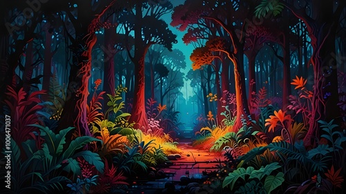 Vibrant Tropical Forest at Twilight with Colorful Vegetation and Sunlight Through Trees