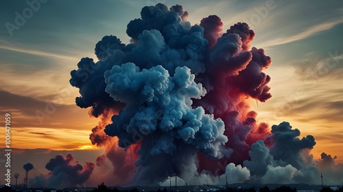 Vivid Rainbow Smoke Clouds Rising Against a Twilight Sky Creating a Bold and Dynamic Sky Art