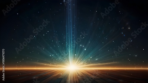Radiant Beam of Light Shining from Horizon Under Starry Sky Over Wooden Stage