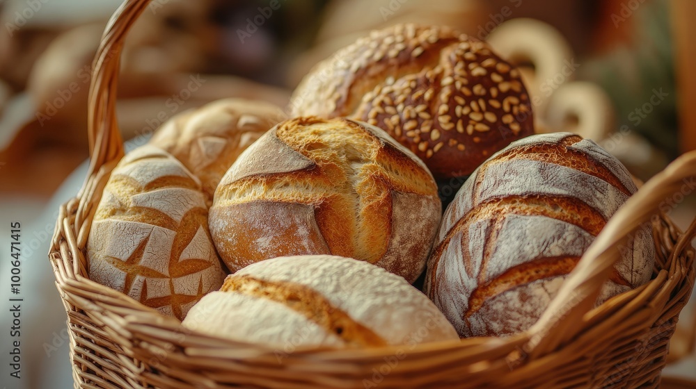 Freshly Baked Bread in Wicker Basket Rustic Bakery Freshly Baked Bread in Wicker Basket Rustic Bakery