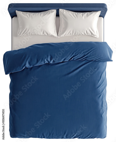 Top view of a blue duvet set with white pillows on a bed.