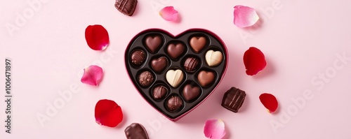 Heart shaped box full of chocolates surrounded by rose petals