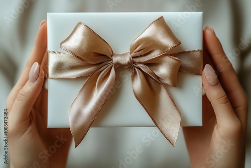 blank white piece of paper elegantly held with a luxurious silk ribbon bow isolated against a soft light background offering a clean and sophisticated template for gift presentations or certificates photo