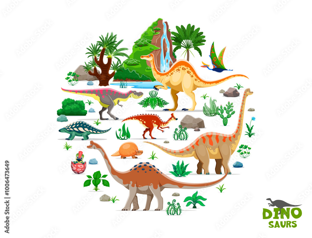 Fototapeta premium Cartoon prehistoric dinosaurs and Jurassic lizards character in forest, vector banner. Dino world extinct animals and prehistoric birds with reptiles for dinosaurs atlas book or paleontology museum