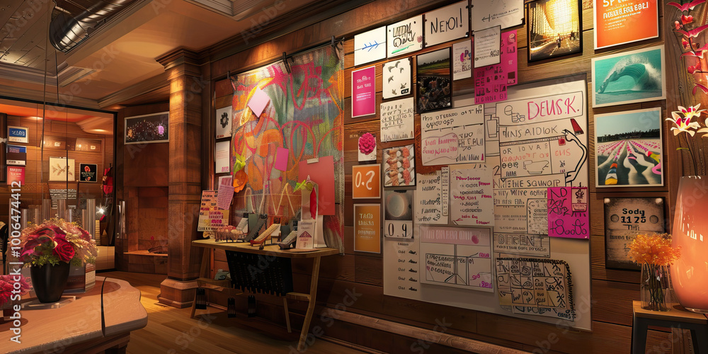 Special Events Coordinator's Wall: Adorned with event planning timelines, decoration ideas, and a board with upcoming event details Special Events Coordinator's Wall: Adorned with event planning timelines, decoration ideas, and a board with upcoming event details