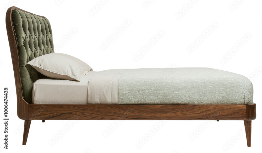 Side Profile of Mid-Century Modern Bed with Tufted Green Headboard. Side Profile of Mid-Century Modern Bed with Tufted Green Headboard.