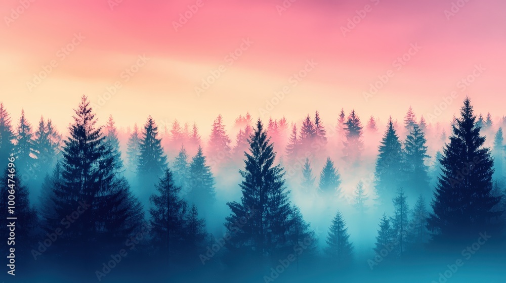 Fototapeta premium A breathtaking view of a misty forest at sunrise, showcasing beautiful silhouettes of trees against a colorful sky. The scene evokes tranquility and natural beauty.